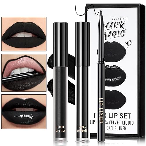 Black Matte Liquid Lipstick,3 in 1 Black Lip Liner and Lipstick Set,Matte Lip Gloss Long Lasting Moisturizing Velvet Lipgloss Make Up Gift Set Cosplay Beauty & Personal Care BKPPLZP