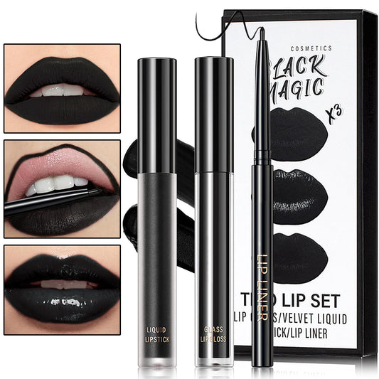 Black Matte Liquid Lipstick,3 in 1 Black Lip Liner and Lipstick Set,Matte Lip Gloss Long Lasting Moisturizing Velvet Lipgloss Make Up Gift Set Cosplay Beauty & Personal Care BKPPLZP