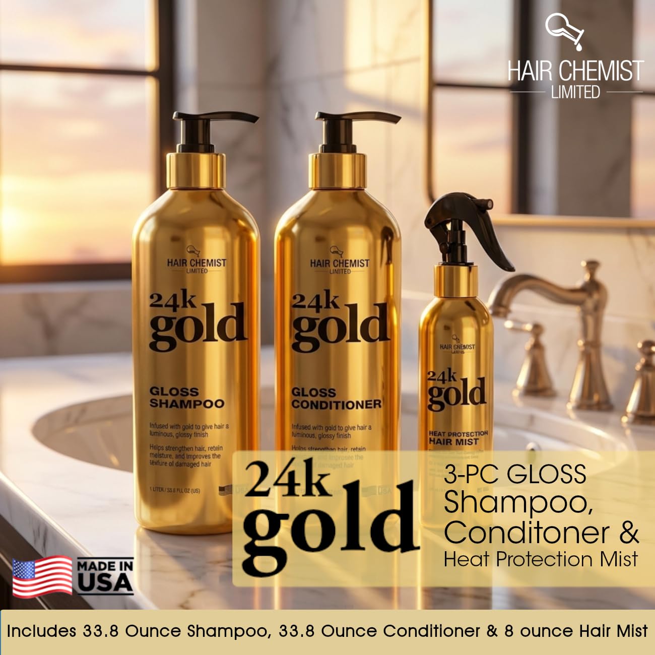 Hair Chemist 24K Gold Gloss 3-Piece Hair Care Set - Gloss Shampoo 33.8oz, Conditioner 33.8oz & Heat Protection Hair Mist 8oz - Shine Enhancing Beauty & Personal Care Hair Chemist