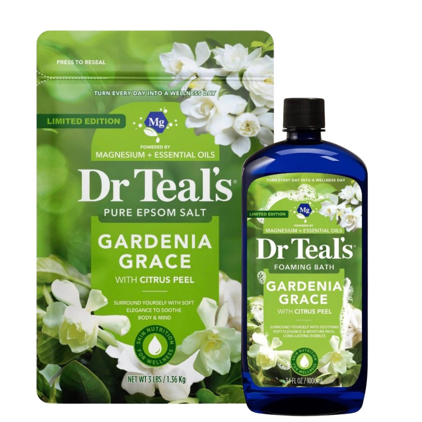 Dr Teal's Gardenia Grace Limited Edition Bath Set with Citrus Peel, Pure Epsom Salt and Foaming Bath Duo, Magnesium Sulfate with Essential Oils Beauty and Personal Care Dr Teal's