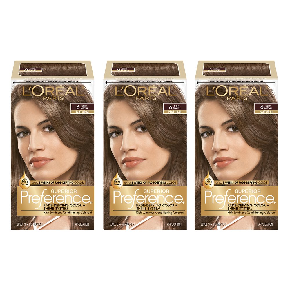 L'Oreal Paris Superior Preference Fade-Defying + Shine Permanent Hair Color, 6 Light Brown, Pack of 3, Hair Dye