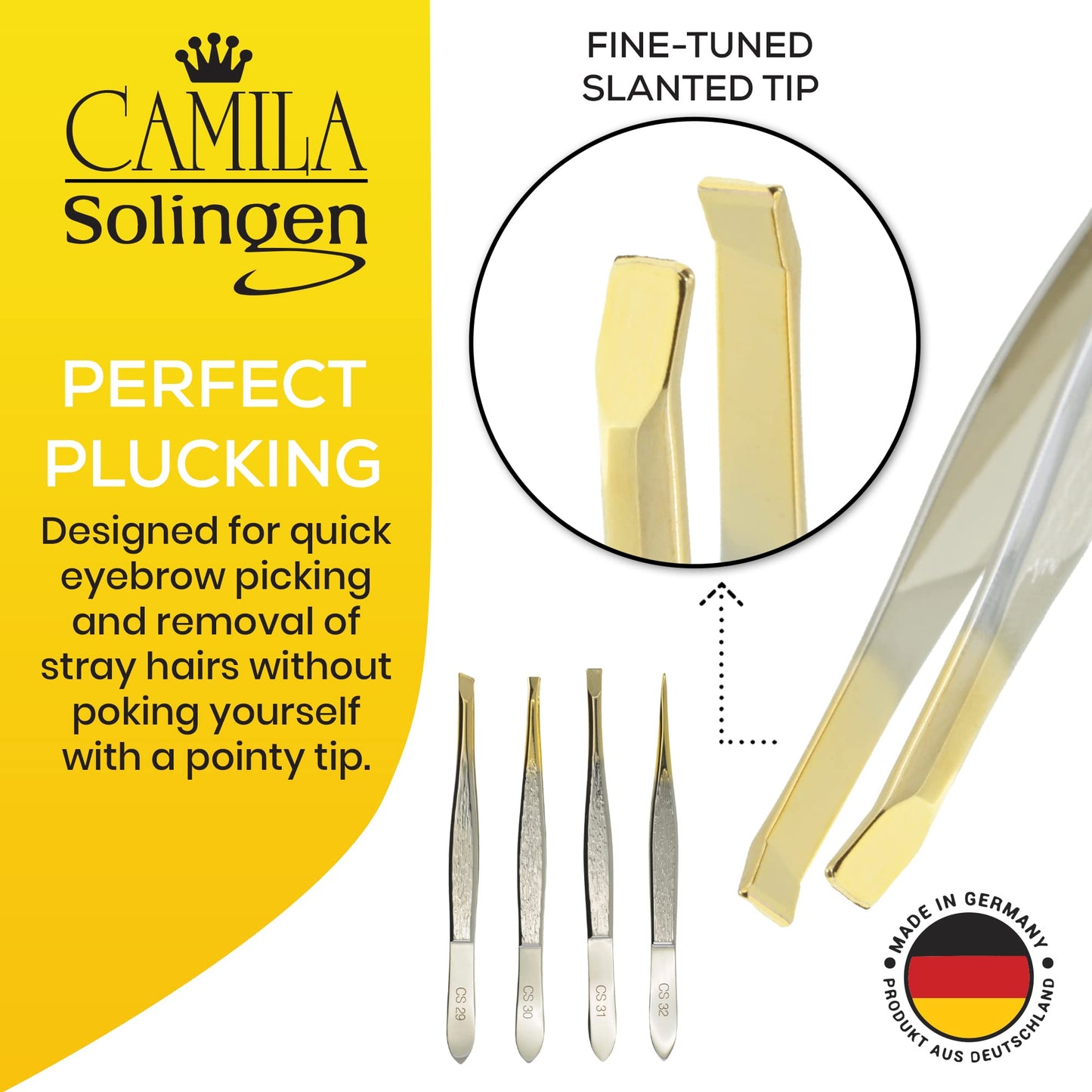 Camila Solingen CS29 3 1/2" Gold Tipped, Surgical Grade, German Stainless Steel Tweezers (Slanted) - Flawless Eyebrow and Facial Hair Shaping Beauty & Personal Care Camila Solingen