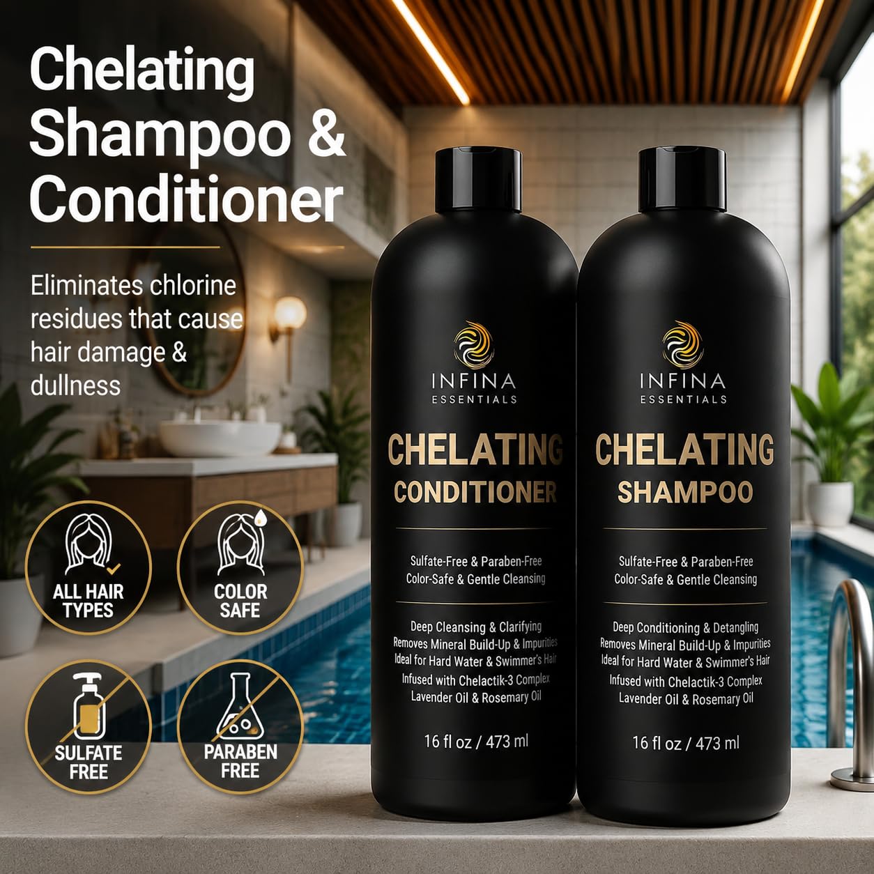 INFINA ESSENTIALS Chelating Clarifying Shampoo and Conditioner for Hard Water & Chlorine Removal | 16 fl oz | Sulfate Free Metal Detox Shampoo Beauty & Personal Care INFINA ESSENTIALS