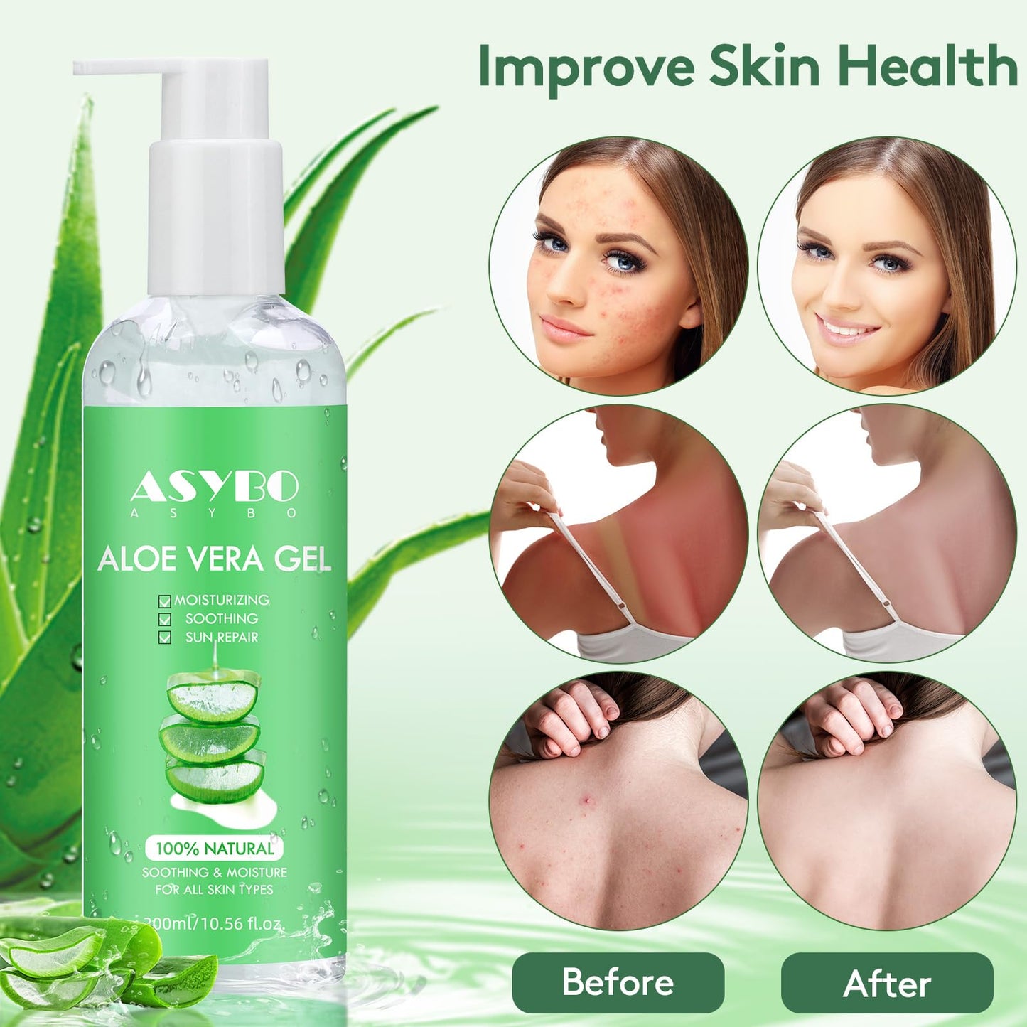 ASYBO 300 ml Aloe Vera Gel, 100% Natural Pure Aloe Vera Hydrating Facial Cream, Soothing & Moisturizing, After Sun Care, Reduce Acne, Repair Scars Beauty & Personal Care ASYBO