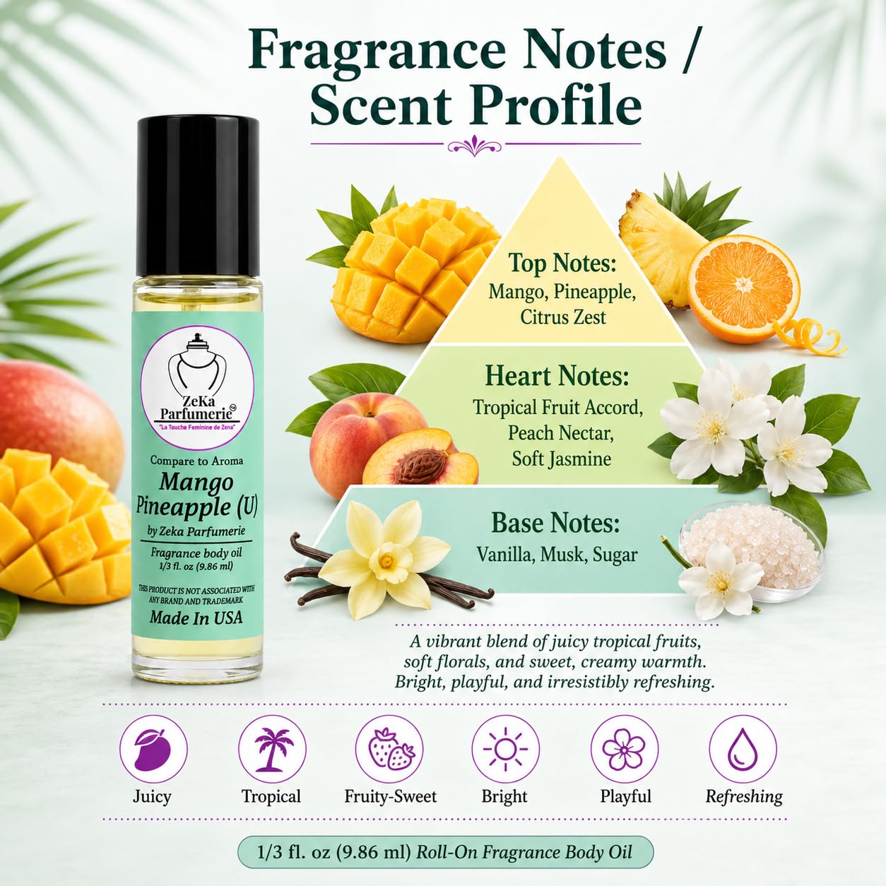 ZEKA PARFUMERIE Mango Pineapple Perfume Oil | Long-Lasting Unisex Fragrance Body Oil | Alcohol-Free Roll-On | 1/3 Fl Oz (9.86 mL) Made in USA Beauty & Personal Care ZEKA PARFUMERIE