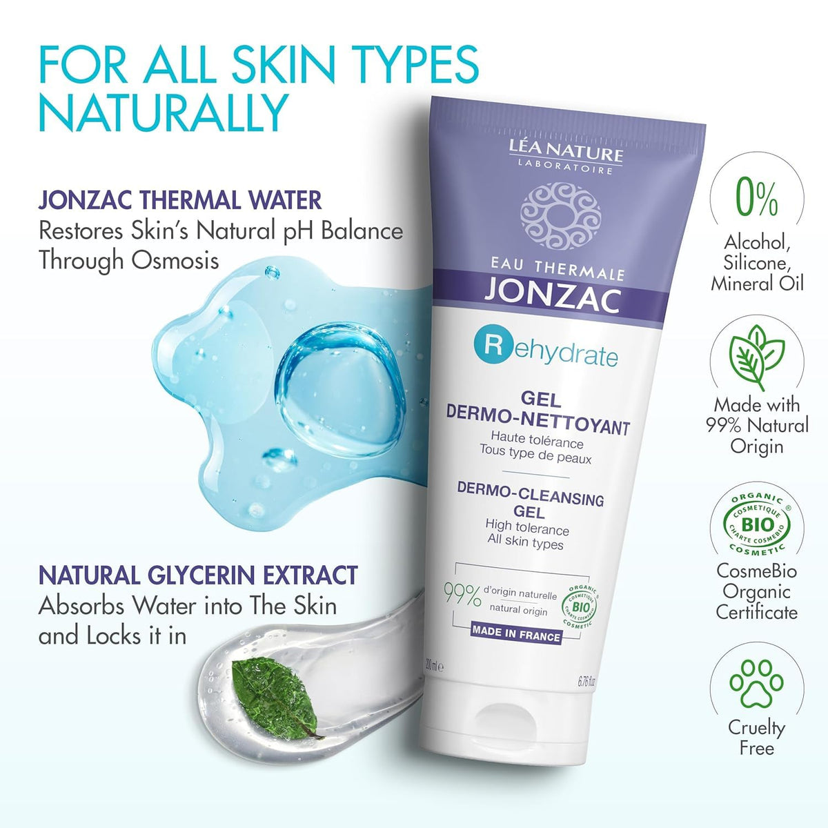 JONZAC Eau Thermale Rehydrate Organic Dermo Cleansing Gel - Gentle Daily Facial Cleanser - Sensitive Skin Approved - Leaves Skin Feeling Smooth Beauty & Personal Care JONZAC