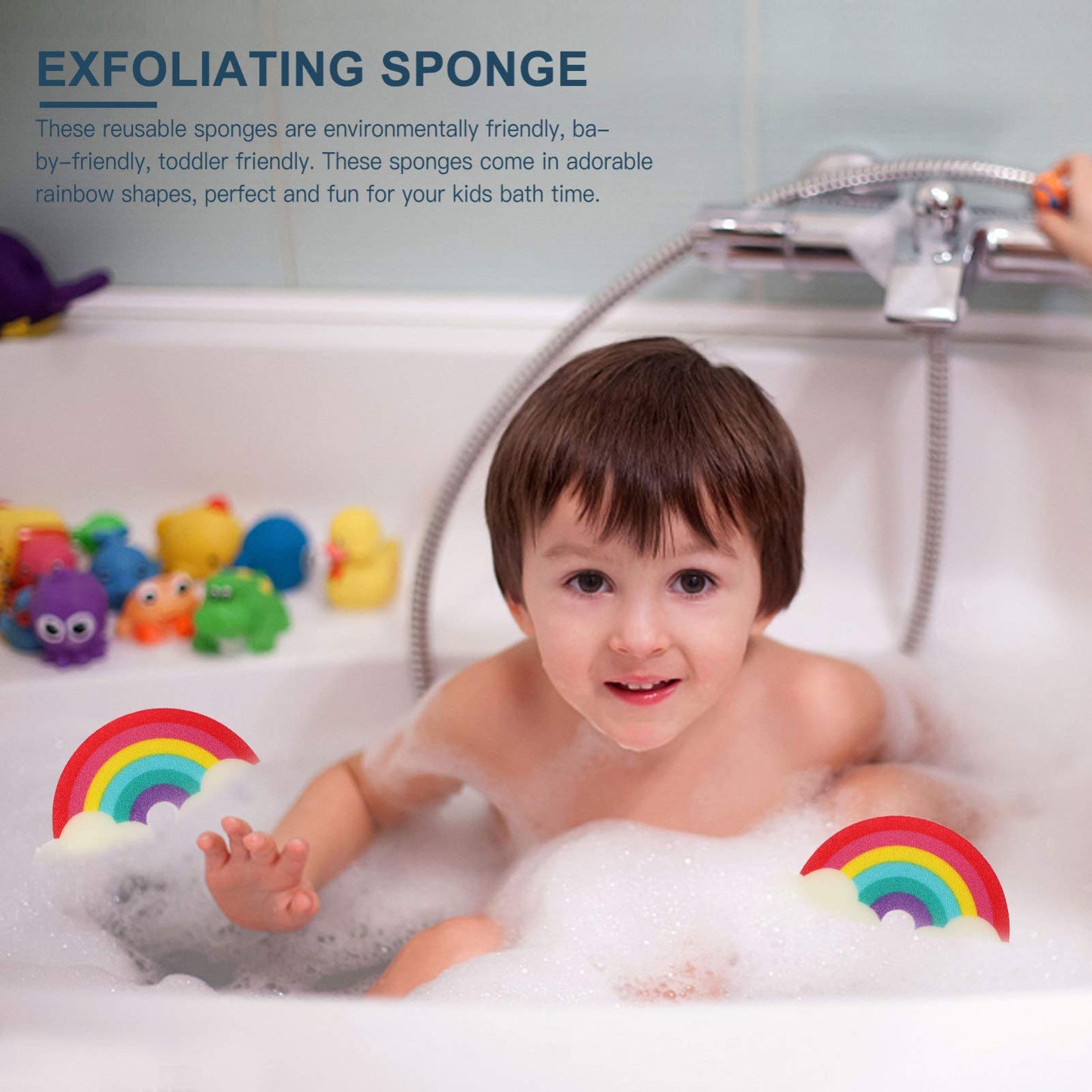 Rainbow Shower Sponge for Kids 2-Pack Soft Exfoliating Bath Loofah Body Scrubber Lightweight Compact 9.05X4.72X1.37In Fun Rainbow Design for Bathing Beauty and Personal Care Mobestech