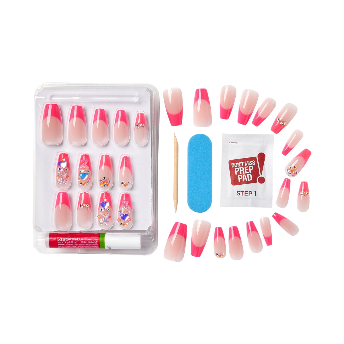 GoldFinger Premium Luxury False Nails Kit, Ready to Wear Pink French Nails, Manicure Stick and Glue Included, Long Coffin Shape with 3D Rhinestones