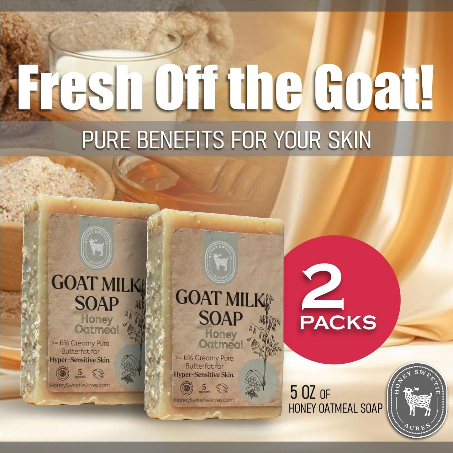 Honey Sweetie Acres 2-Pack Honey Oatmeal Goat Milk Soap - Handmade 5 oz Bar, Made with Natural Ingredients, Moisturizing & Gentle, Made in the USA Beauty & Personal Care Honey Sweetie Acres
