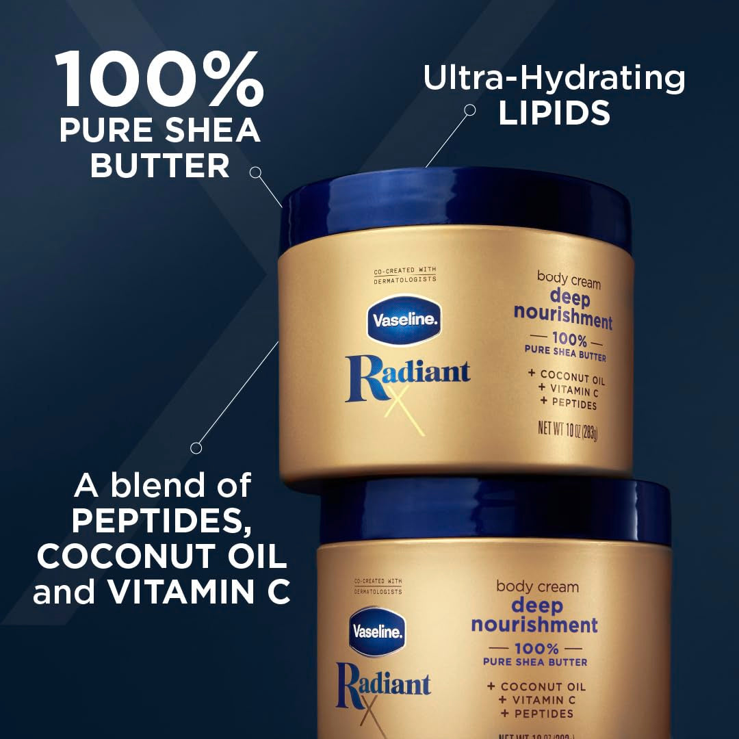 Vaseline Radiant X Deep Nourishment Body Cream 100% Pure Shea Butter, Coconut Oil, Vitamin C, & Peptides 10 oz Beauty & Personal Care Vaseline