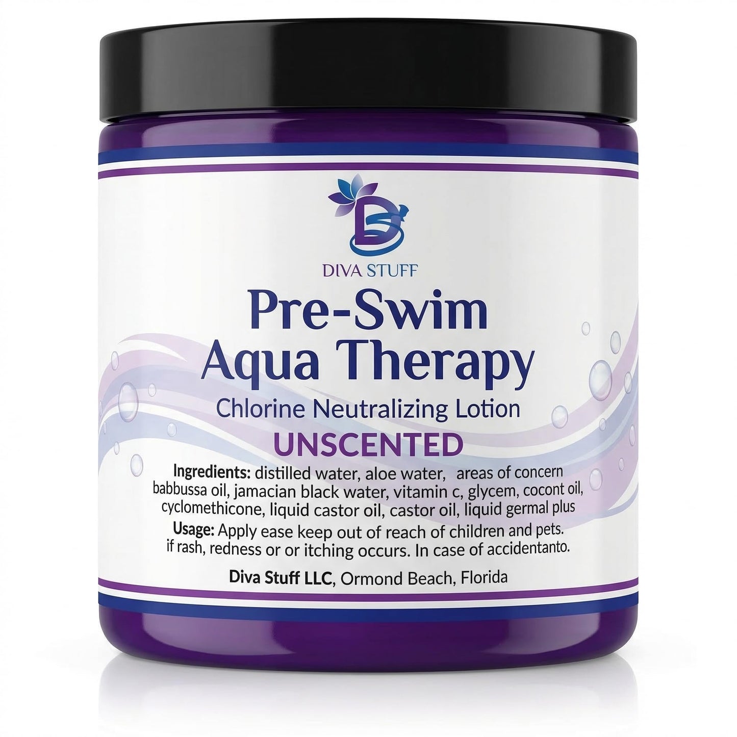 Diva Stuff Pre-Swim Aqua Therapy Chlorine Neutralizing Body Moisturizing Lotion for Swimmers, Protects Skin from Chlorine & Salt Water, 8 oz - Made Beauty & Personal Care Diva Stuff
