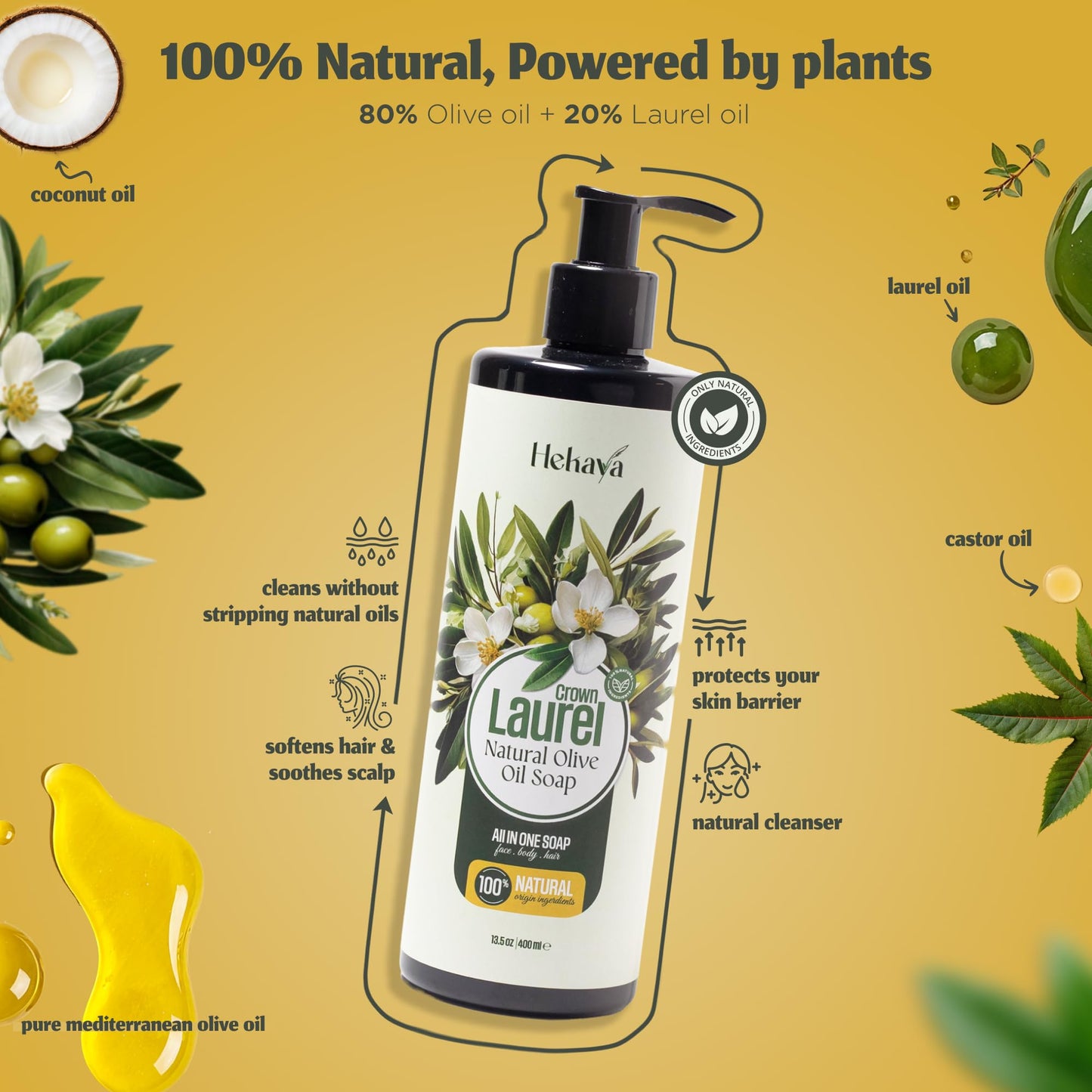 Hekaya Natural Olive Oil Liquid Soap - Laurel Scent | Handmade, Vegan, Sulfate & Paraben Free | Face, Body & Hand Wash | Moisturizing Castile Soap | Beauty & Personal Care Hekaya