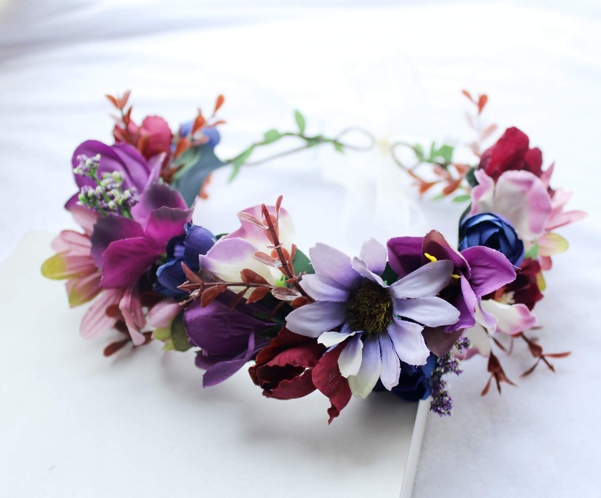 LLinfflr Women Floral Crown Boho Flower Headband Halo Headpiece Purple