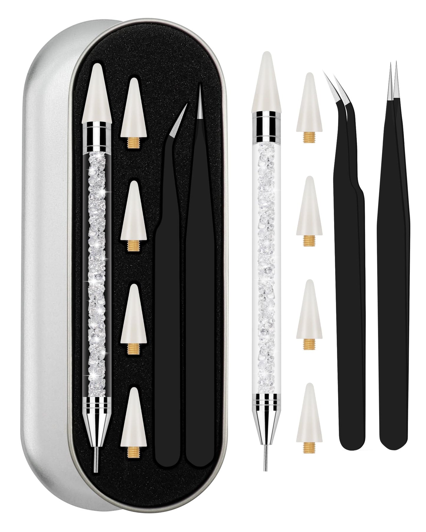 Rhinestone Picker Tool Set,Rhinestone Applicator Tool,Rhinestone Picker Dotting With 4 Extra White Replaceable Wax Head and 2 Tweezer (White) Beauty and Personal Care Difenni Default Title