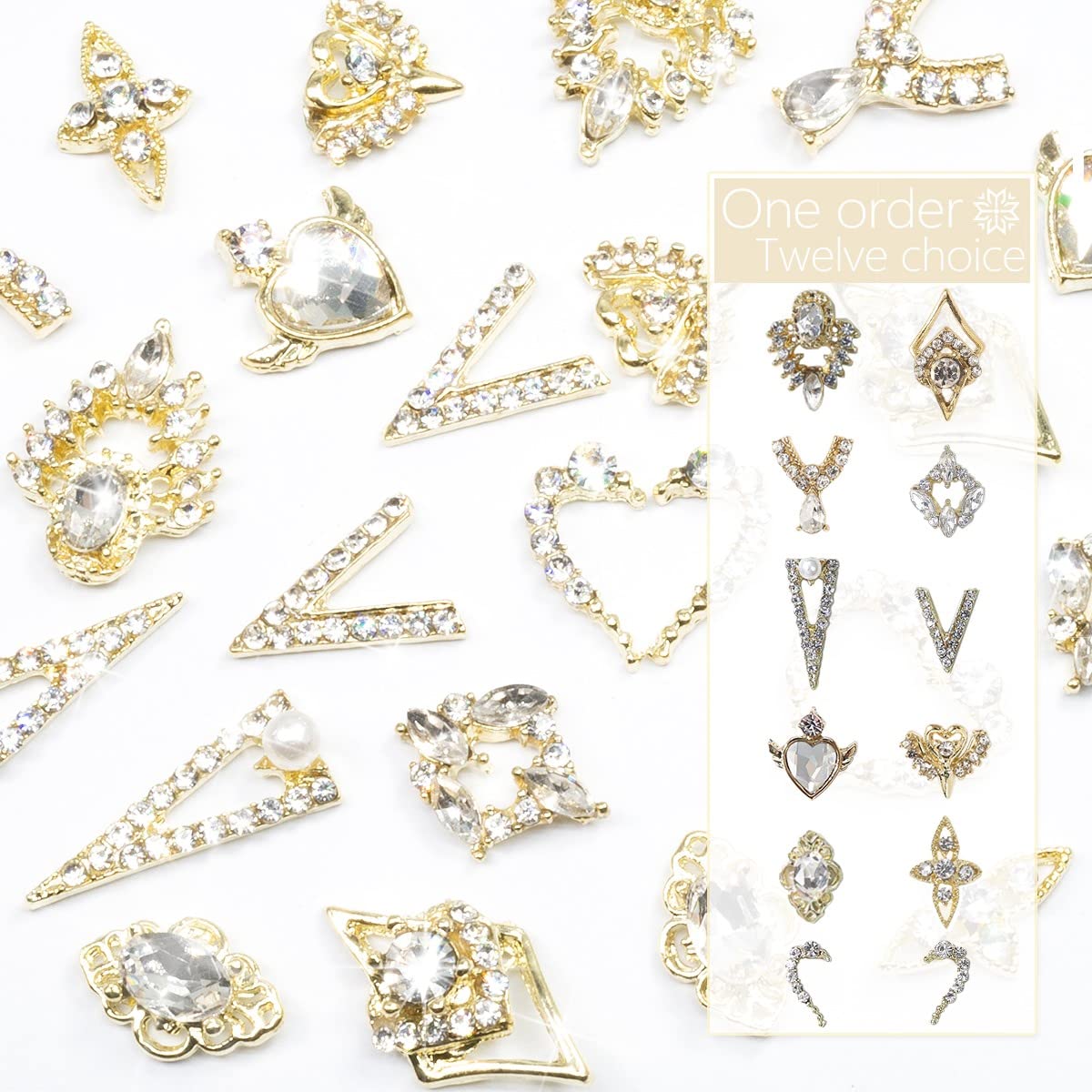 qiipii 12 Pair 3D Alloy Gold Nail Art Rhinestones - Heart Shaped Nail Charms, Golden Nail Crystal Diamonds Jewelry Stones Studs for Nails Decor Crafts Beauty & Personal Care qiipii