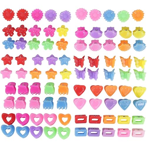 Lawie 90 Pack Small Mini Rainbow Flower Star Heart Butterfly Plastic Hair Claw Clips Jaw Barrettes Grip Clamps Pins Updo Decorative Bun Bangs Braids Beauty & Personal Care Lawie