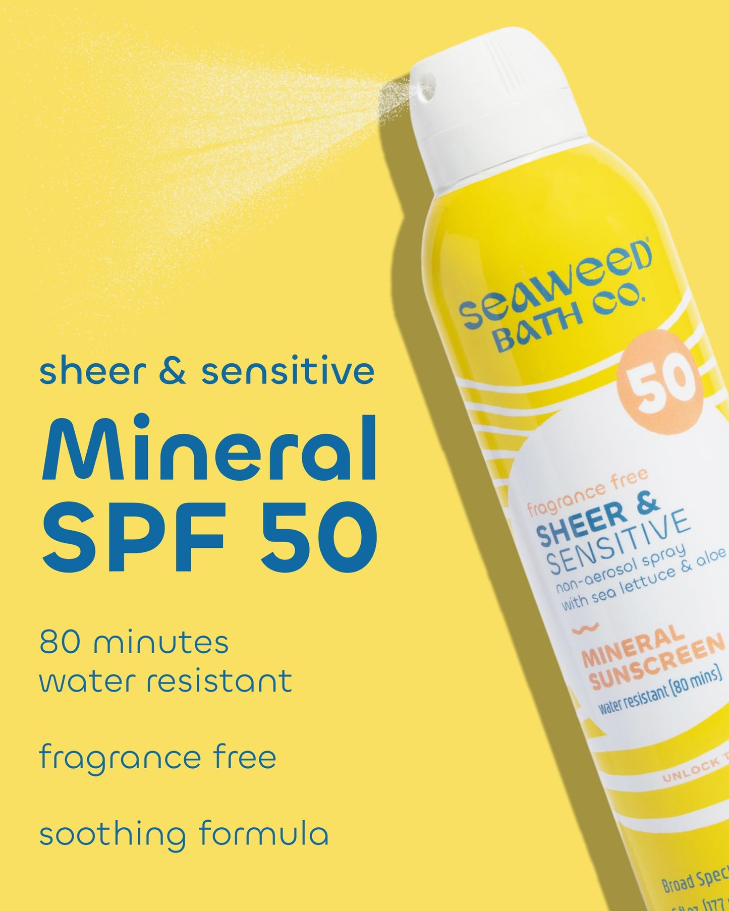 Seaweed Bath Co. Sheer Mineral Sensitive SPF 50 Broad Spectrum Sunscreen Spray - Fragrance Free, Non-Nano, Skin-Friendly Formula - 6 oz Beauty & Personal Care The Seaweed Bath Co.