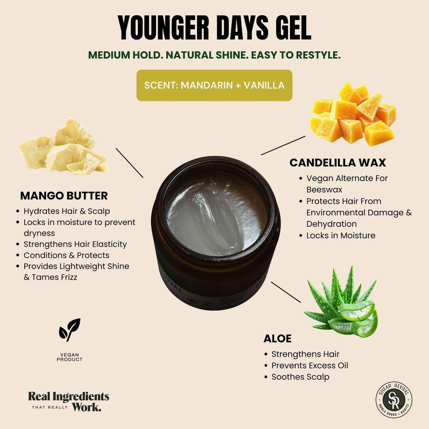 Shear Revival Younger Days Gel Pomade for Men & Women - Vegan, Medium Hold, Natural Finish for All Hair Types, Mandarin & Vanilla Scent, Travel Beauty & Personal Care Shear Revival