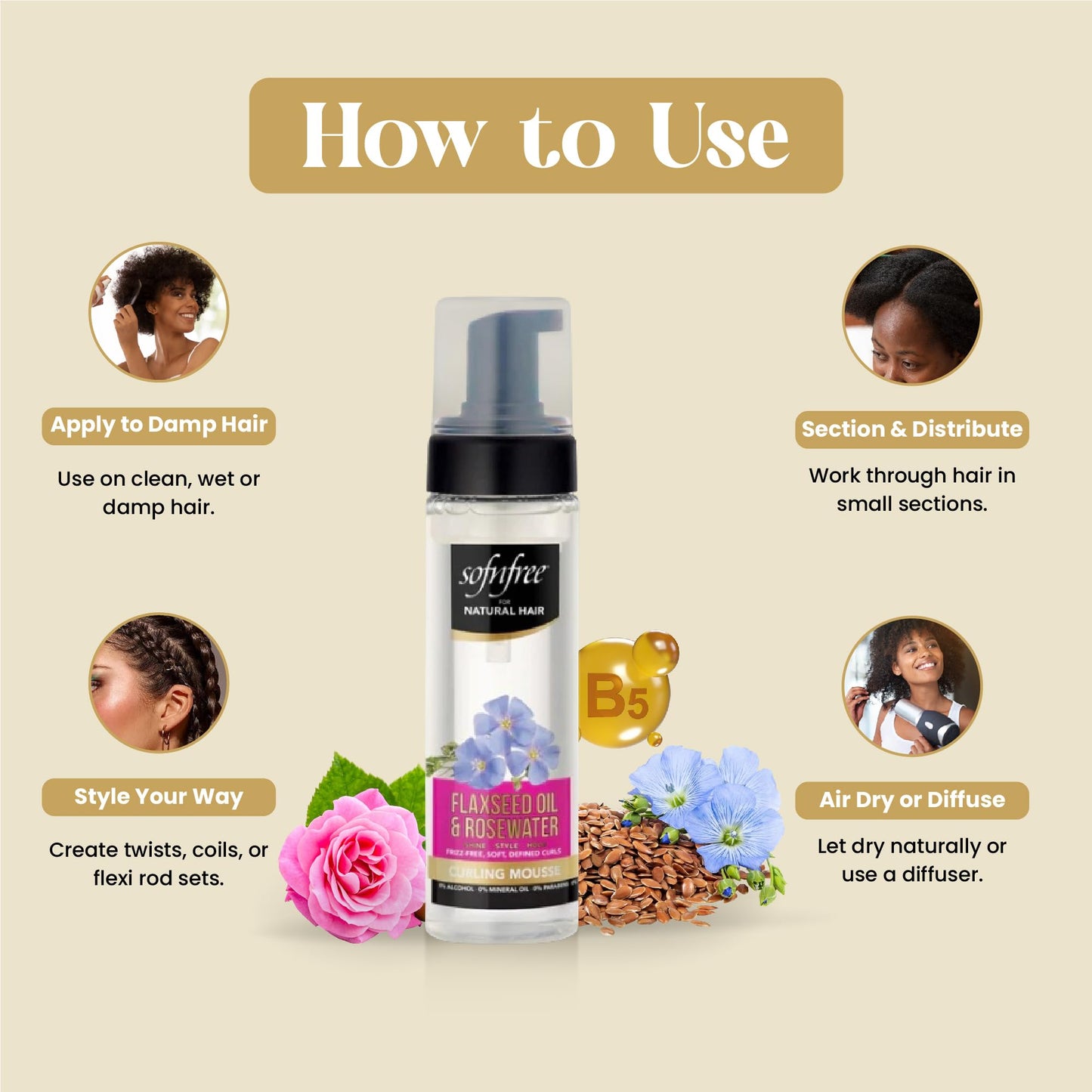 Sofn’free for Natural Hair Curling Mousse with Flaxseed Oil and Rosewater for Defining Frizz Free Curls, Coils, Waves, and Braids - 6.76 oz, Pack of 1 Beauty & Personal Care SOF N' FREE