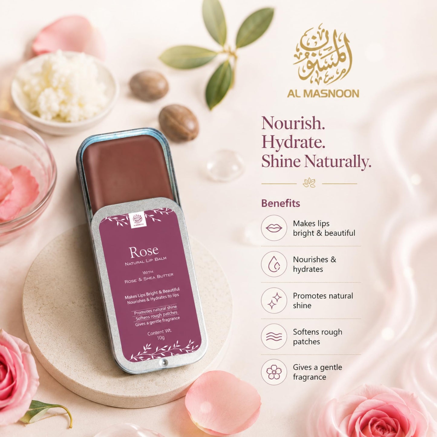 AL MASNOON 100% Natural Rose Lip Balm with Shea Butter & Rose Extract - Nourishing & Moisturizing 10g Pack, No Color Added for Soft, Smooth Lips Beauty and Personal Care al masnoon