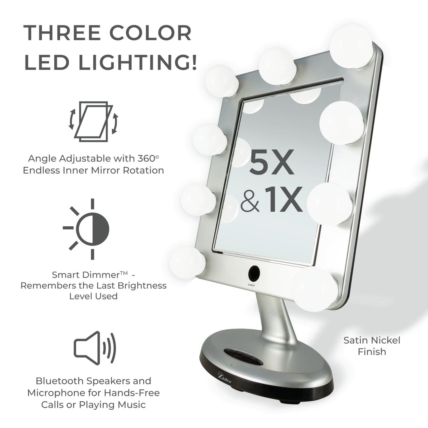 Zadro Melrose LED Variable 3-Color Lighted Dual-Sided 5X/1X Magnification Bluetooth Vanity Beauty Makeup Hollywood-Style Mirror, Satin Nickel Beauty & Personal Care Zadro