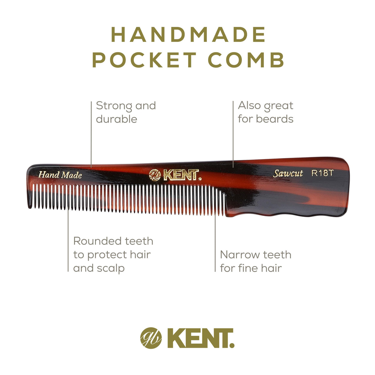 Kent R18T Handmade All Fine Tooth Pocket Comb for Men, Hair Comb for Styling Hair, Mustache and Beard, Saw Cut and Hand Polished, Made in England