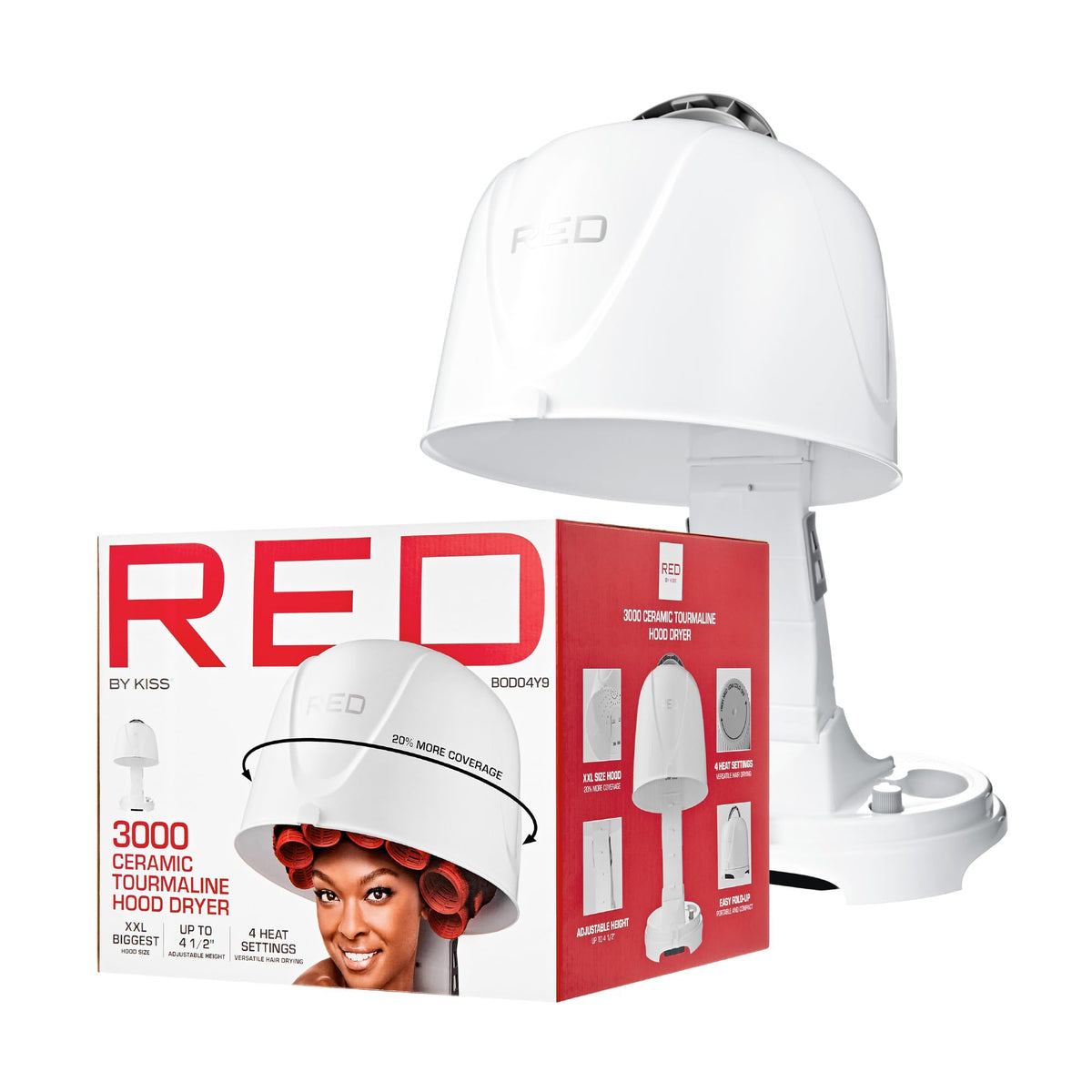 Red by Kiss 3000 Ceramic Tourmaline Professional Hood Dryer, 4 Heat Settings Blow Dryer for Home & Salon, Height Adjustable Convenient Big Hood Size