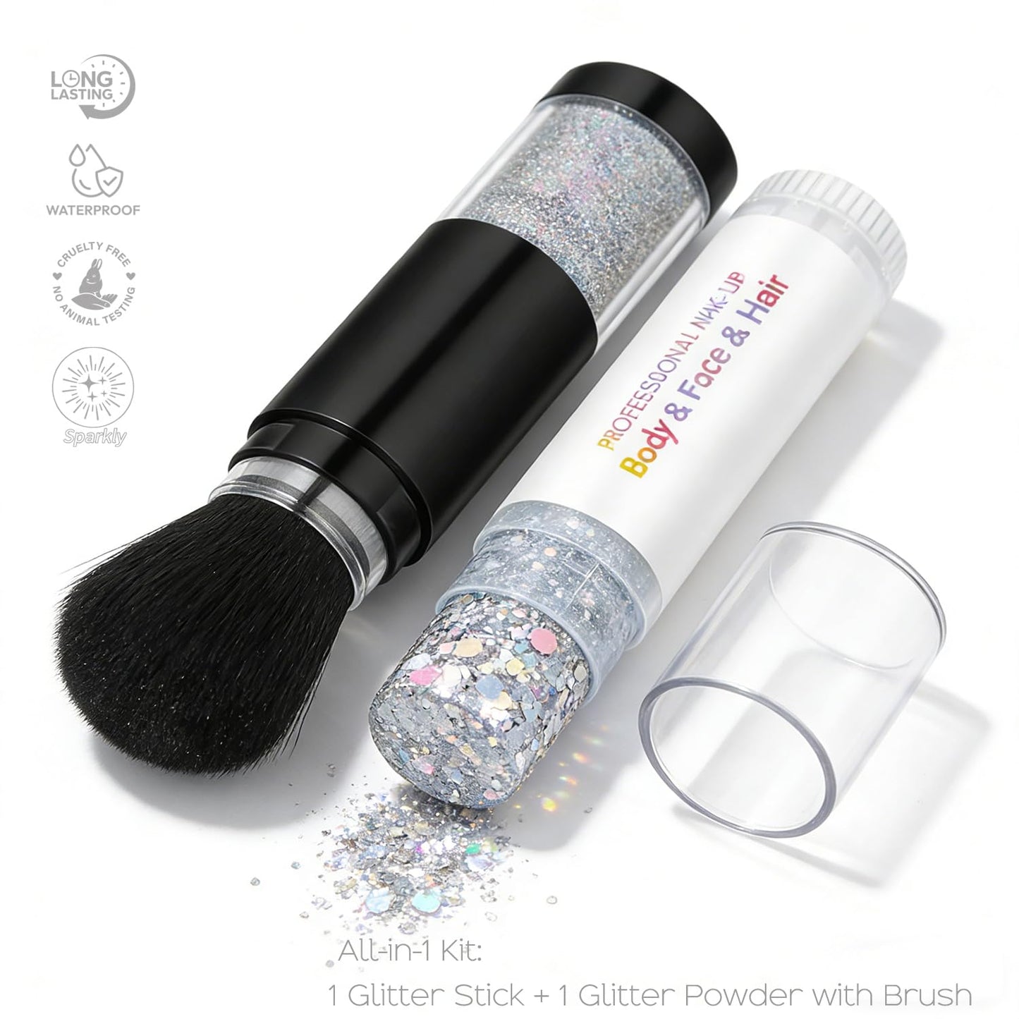 Holographic Mermaid Glitter Makeup Kit: 2-in-1 Body & Face Stick & Loose Powder with Built-in Brush for Festival, Rave, Concert, Carnival | Shimmery Beauty & Personal Care FindinBeauty