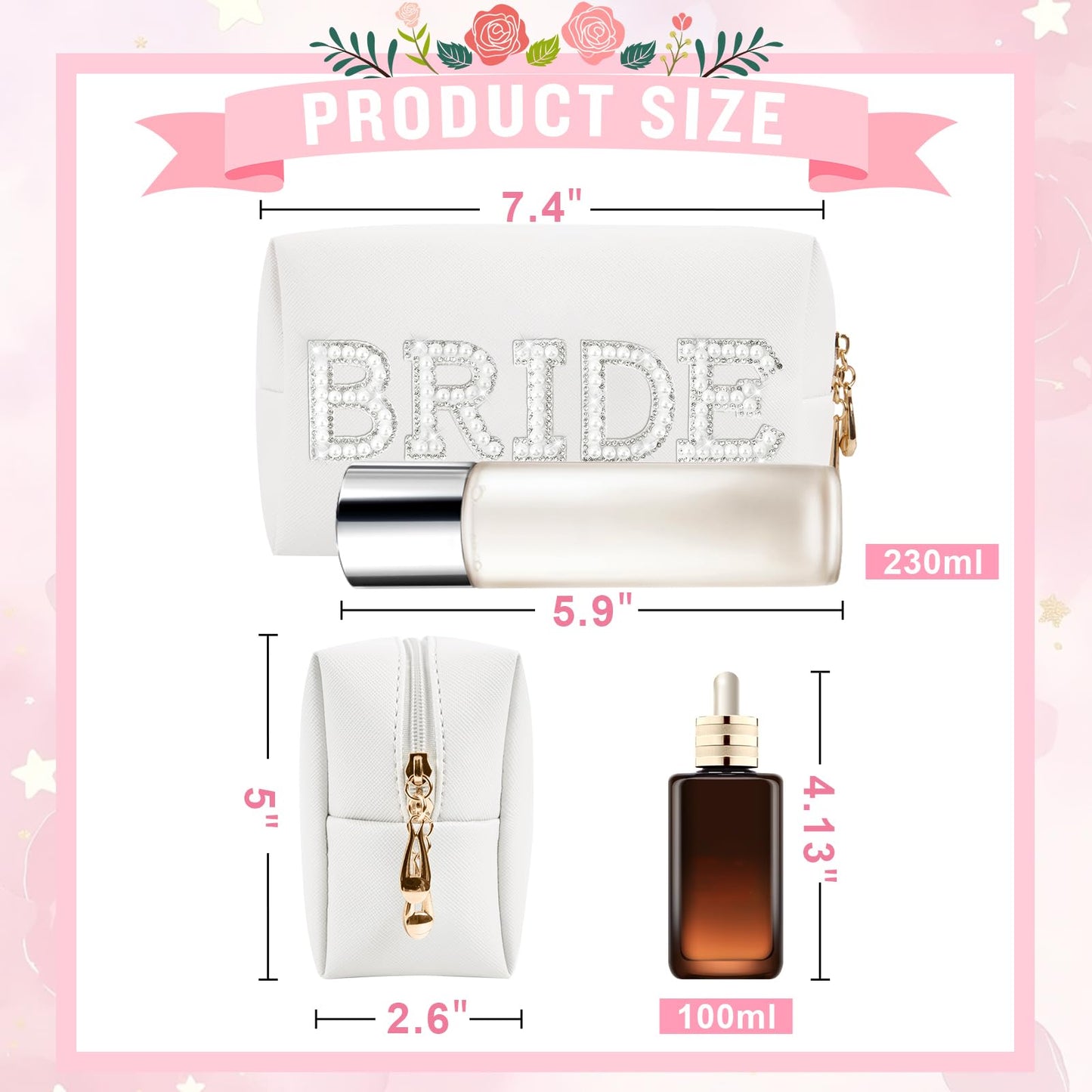 ChaoGreat Bride Gifts - Personalized Makeup Bag with Pearl Rhinestone Patch, Preppy White Monogram Cosmetic/Toiletry Pouch, bridesmaid Gifts, Bridal Beauty and Personal Care ChaoGreat