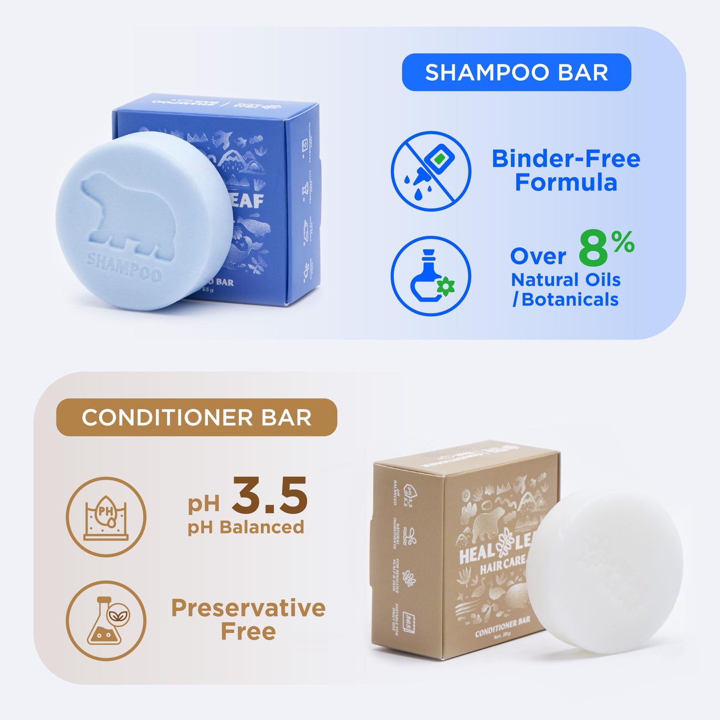HEAL LEAF Solid Shampoo and Conditioner Bar Set - Botanical Hair & Scalp Care - Plant Extracts Complex, Natural pH - Eco-Friendly Travel Essential Beauty & Personal Care HEAL LEAF