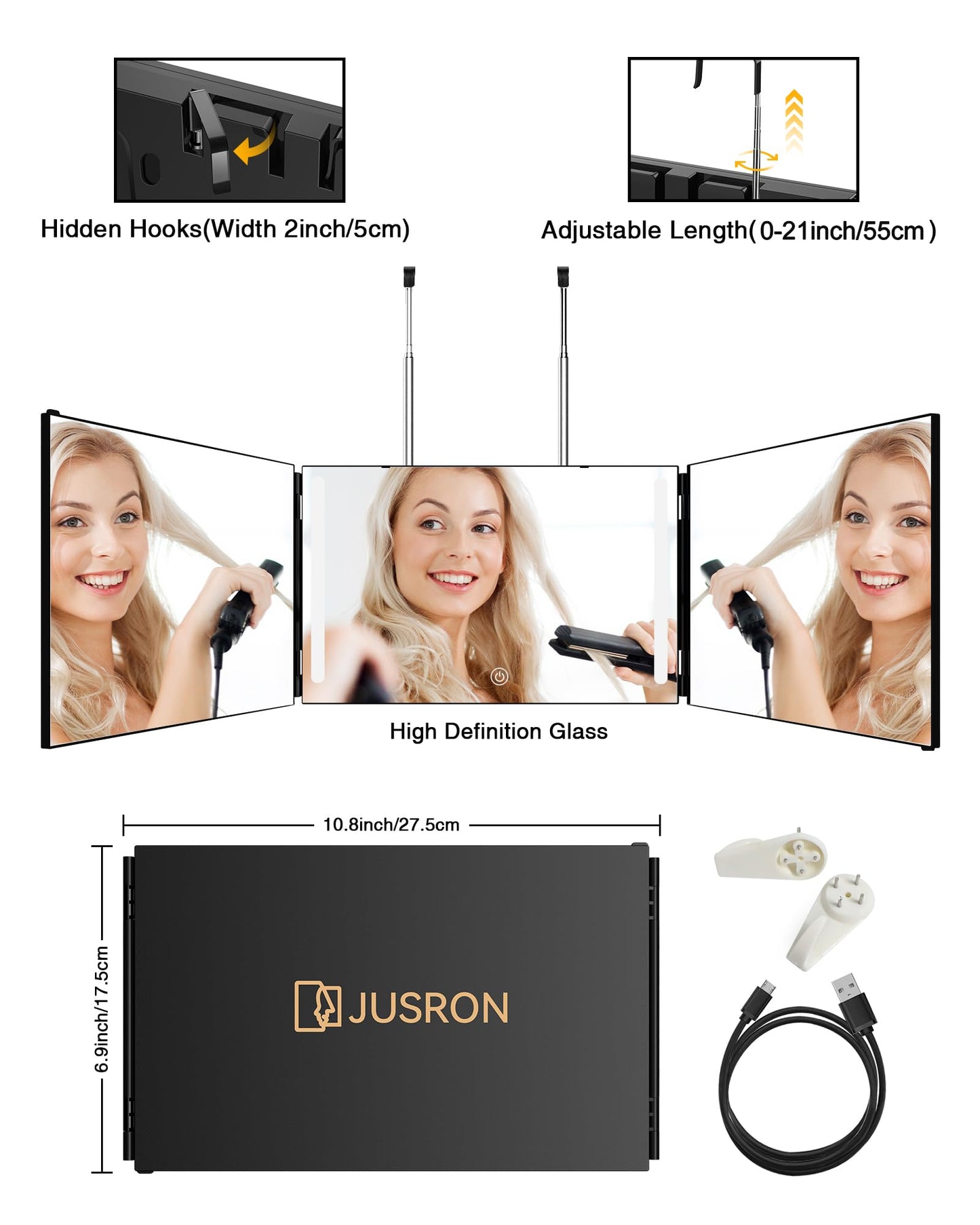 JUSRON 360 Viewing Angle Self Hair Cutting Mirror, Clear Anti-Fog HD Glass, USB Rechargeable, Easy to Use, Height Adjustable, Portable, Good Choice Beauty and Personal Care JUSRON