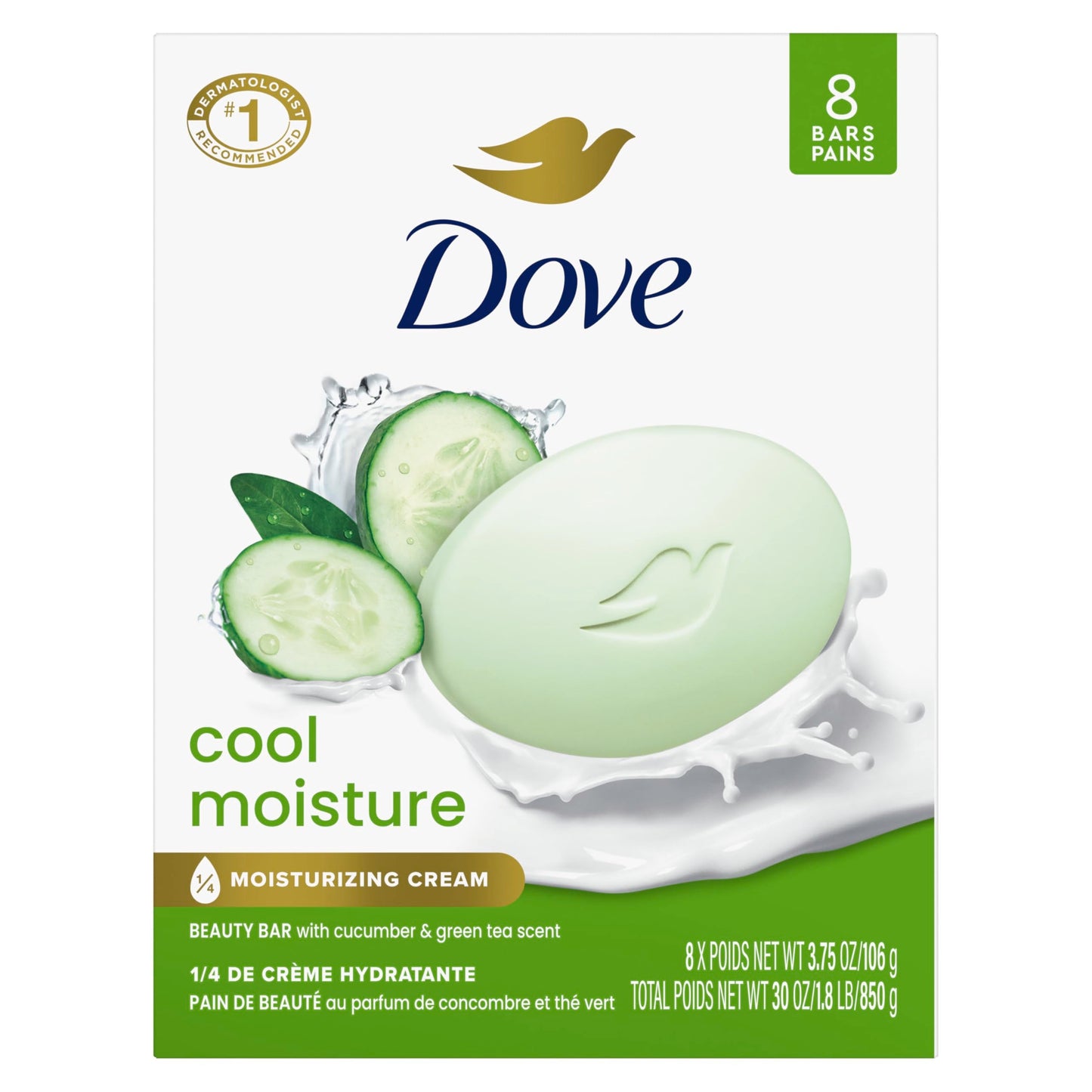 Dove Beauty Bar Soap Cool Moisture Cucumber & Green Tea Scent, 8 Bars for Refreshed Skin, Leaves Skin Refreshed 3.75 oz Beauty & Personal Care Dove