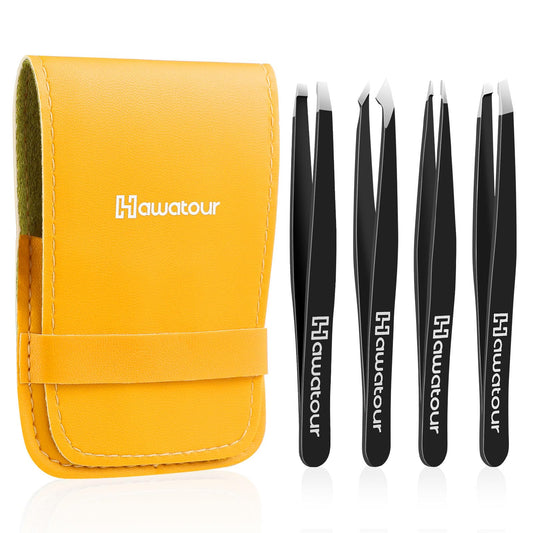 HAWATOUR Tweezers Set, 4Pcs Eyebrows Tweezers for Women, Great Precision for Ingrown Hair, Splinter, Facial Hair Removal, Black Beauty and Personal Care HAWATOUR