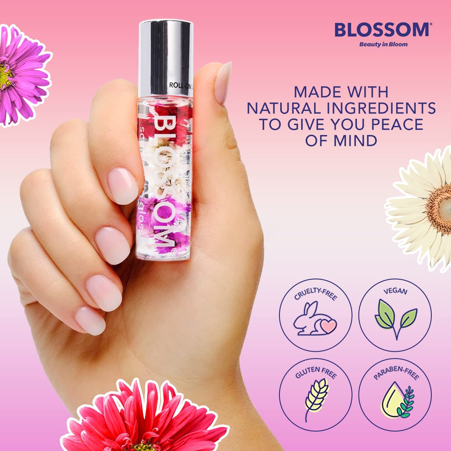 Blossom Roll on Lip Gloss, Scented Clear High Shine Moisturizing Lip Oil, Non Sticky, Infused with Real Flowers, Made in USA, 0.2oz, Strawberry Beauty & Personal Care Blossom