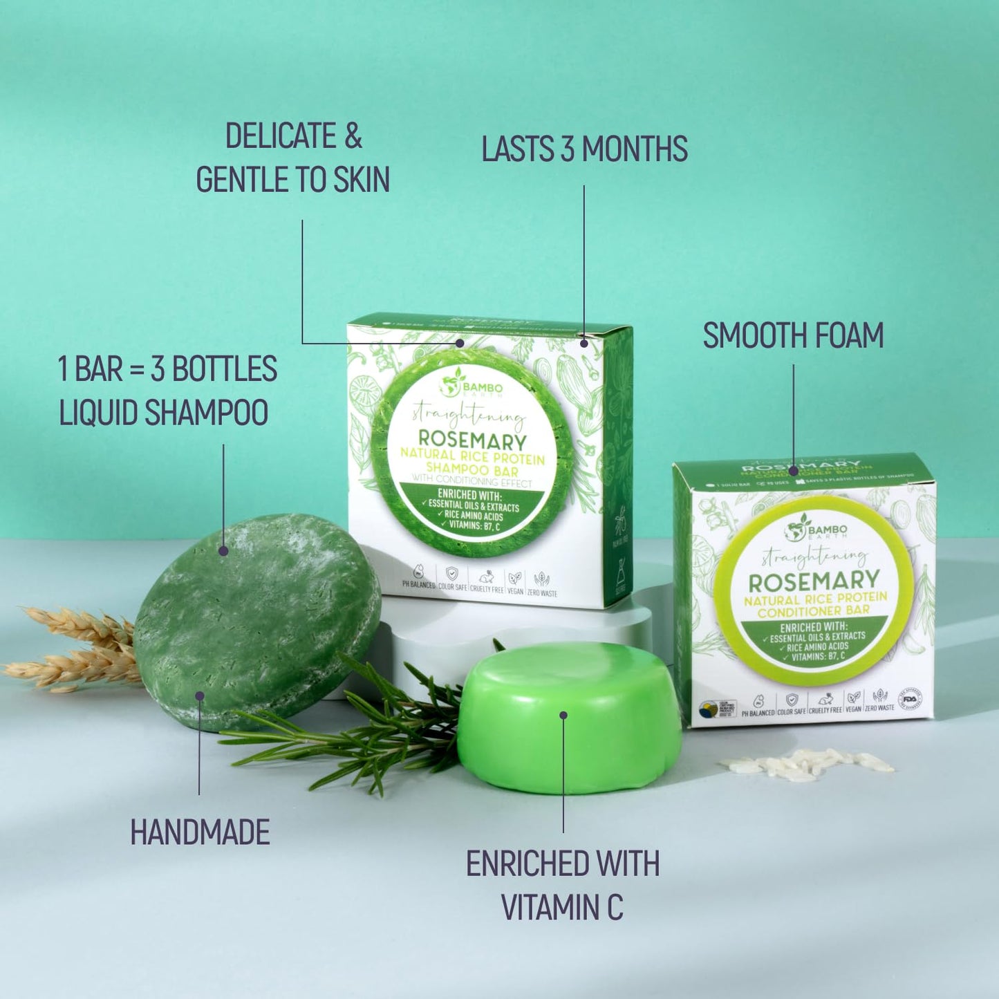 Solid Rice Protein Water Shampoo & Conditioner Hair Soap - Shampoo and Conditioner Bars For Hair With All Natural Plant Based Essential Oils And Zero Beauty & Personal Care BAMBOEARTH