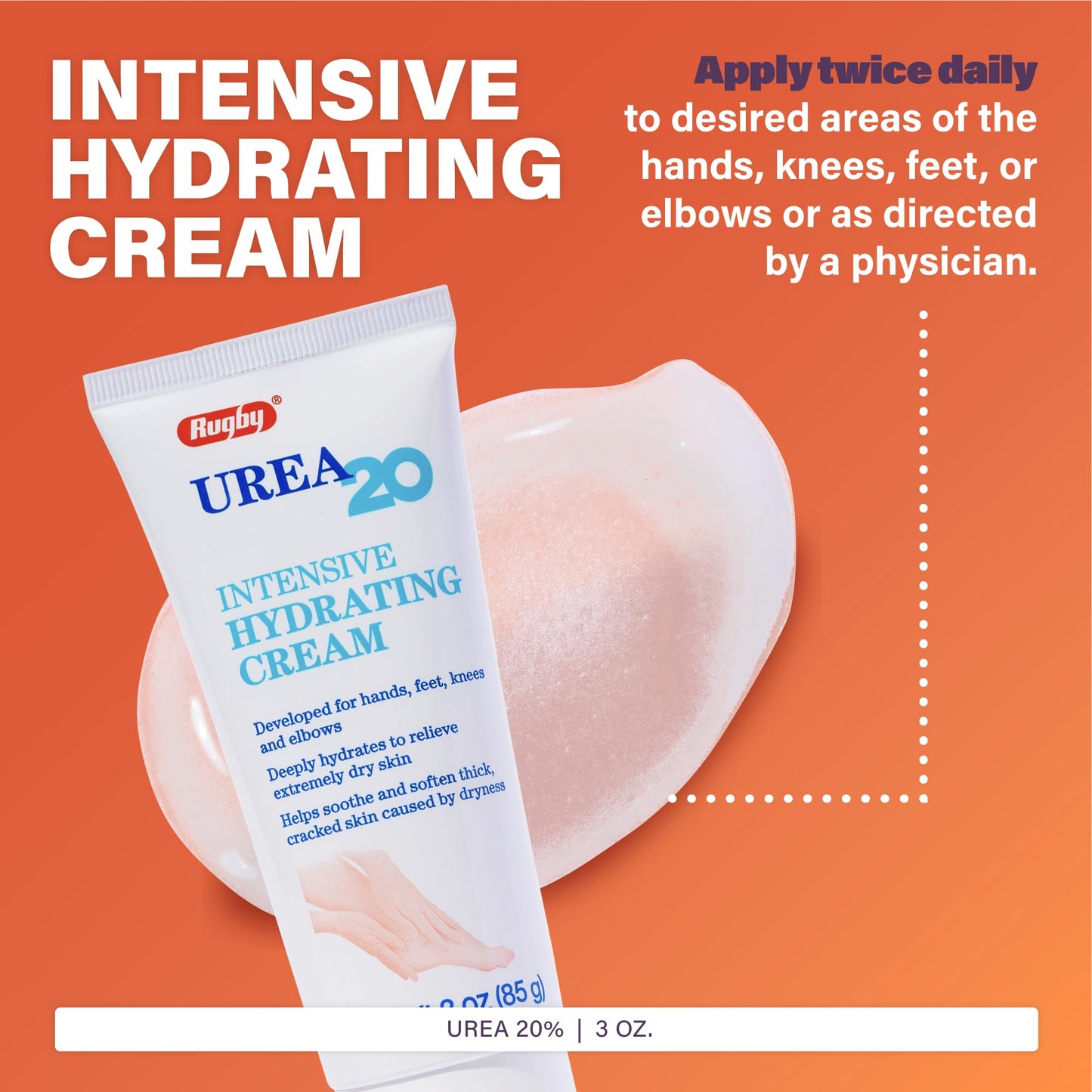 Rugby Urea 20% Intensive Hydrating Cream - Urea Cream for Feet, Hands, Knees, and Elbows - 20% Urea Intensive Strength Cream - 3 Oz Beauty & Personal Care RUGBY LABORATORIES
