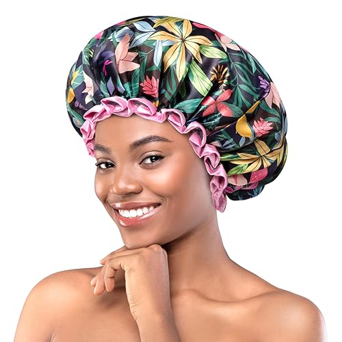 mikimini Shower Cap for Women and Grils,Pack of 1,Rainforest Bath Shower Caps with Pink Lace,Reusable Waterproof Shower Hat for Girls (Medium,Floral) Beauty & Personal Care mikimini