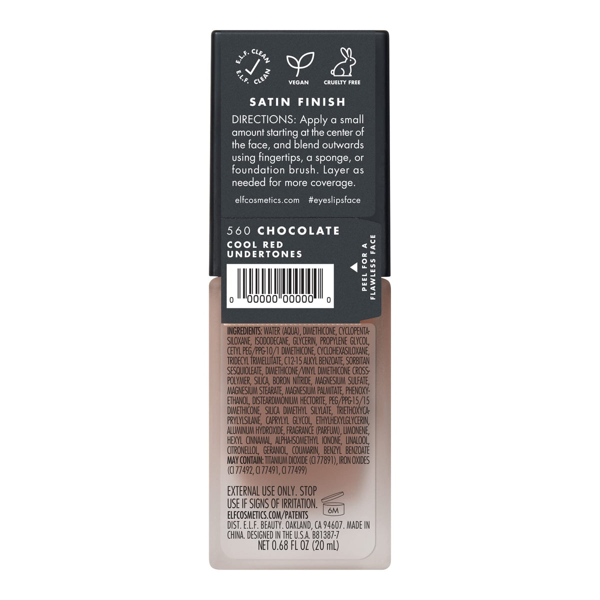 e.l.f. Flawless Satin Foundation, Lightweight & Medium Coverage, Semi-Matte Finish, Vegan , Chocolate, 0.68 Fl Oz (20mL) Beauty & Personal Care e.l.f.
