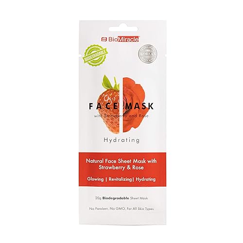 BioMiracle Hydrating, Natural Face Mask Sheet, with Strawberry and Rose, for Glowing, Revitalized, Moisturized Skin, Spa Treatment Mask (Pack of 5) Beauty & Personal Care BioMiracle
