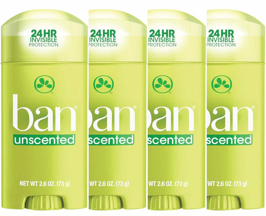 Ban Invisible Solid Antiperspirant Deodorant for Women and Men, 24-Hour Underarm Odor & Sweat Protection, Unscented, 2.6 Oz, Pack of 4 Beauty and Personal Care Ban