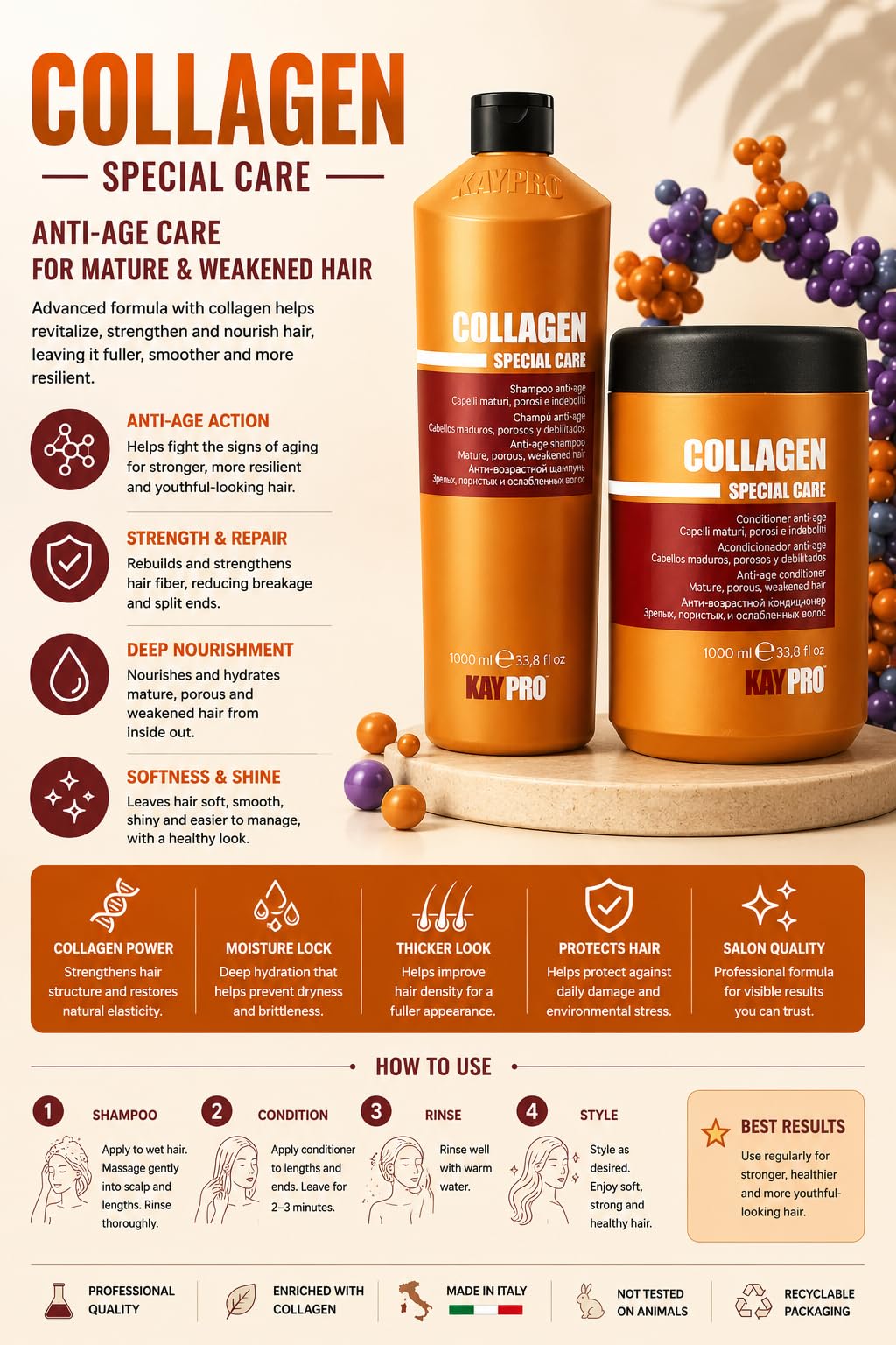 KAYPRO Collagen Special Care Shampoo & Mask 1000ml Set - Italian (Anti-Aging Hair Care Set with Collagen for Protein Balance, Hydration & Hair Beauty & Personal Care KAYPRO