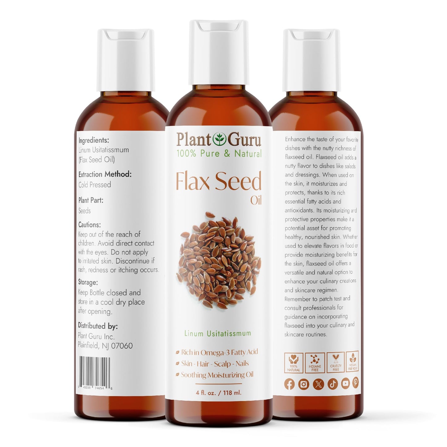 Plant Guru Flaxseed Oil 4 fl. oz. Unrefined Cold Pressed 100% Pure Natural Carrier For Skin, Face, Body Moisturizer, and Hair Growth. Beauty & Personal Care Plant Guru