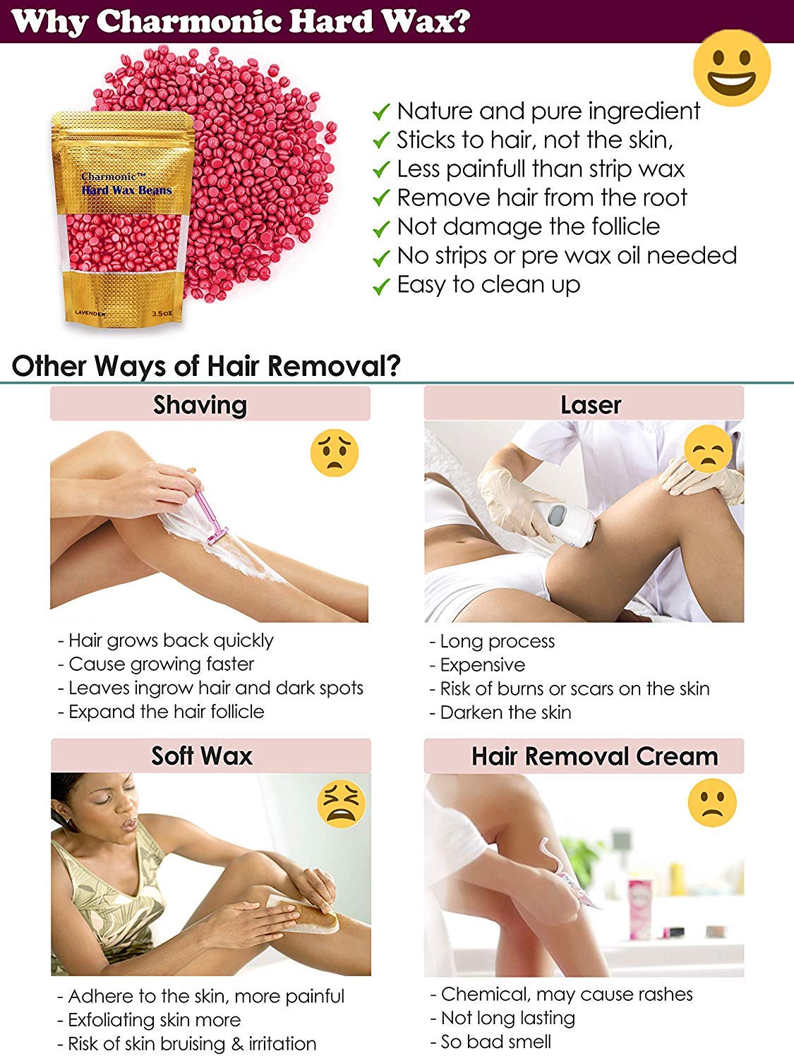 Charmonic Depilatory Wax, 17.5 Oz Hard Body Wax Beans for Women Men, Hair Removal European Beads 500g/1.1 lb (rose) Beauty and Personal Care Charmonic