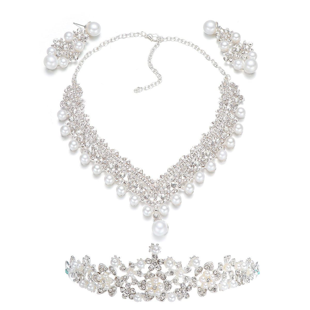 FRCOLOR Crown Tiaras for Women Wedding Bridal Jewelry Sets Rhinestone Pearl Crown Crystal Necklace Earrings Accessories for Halloween Wedding Prom