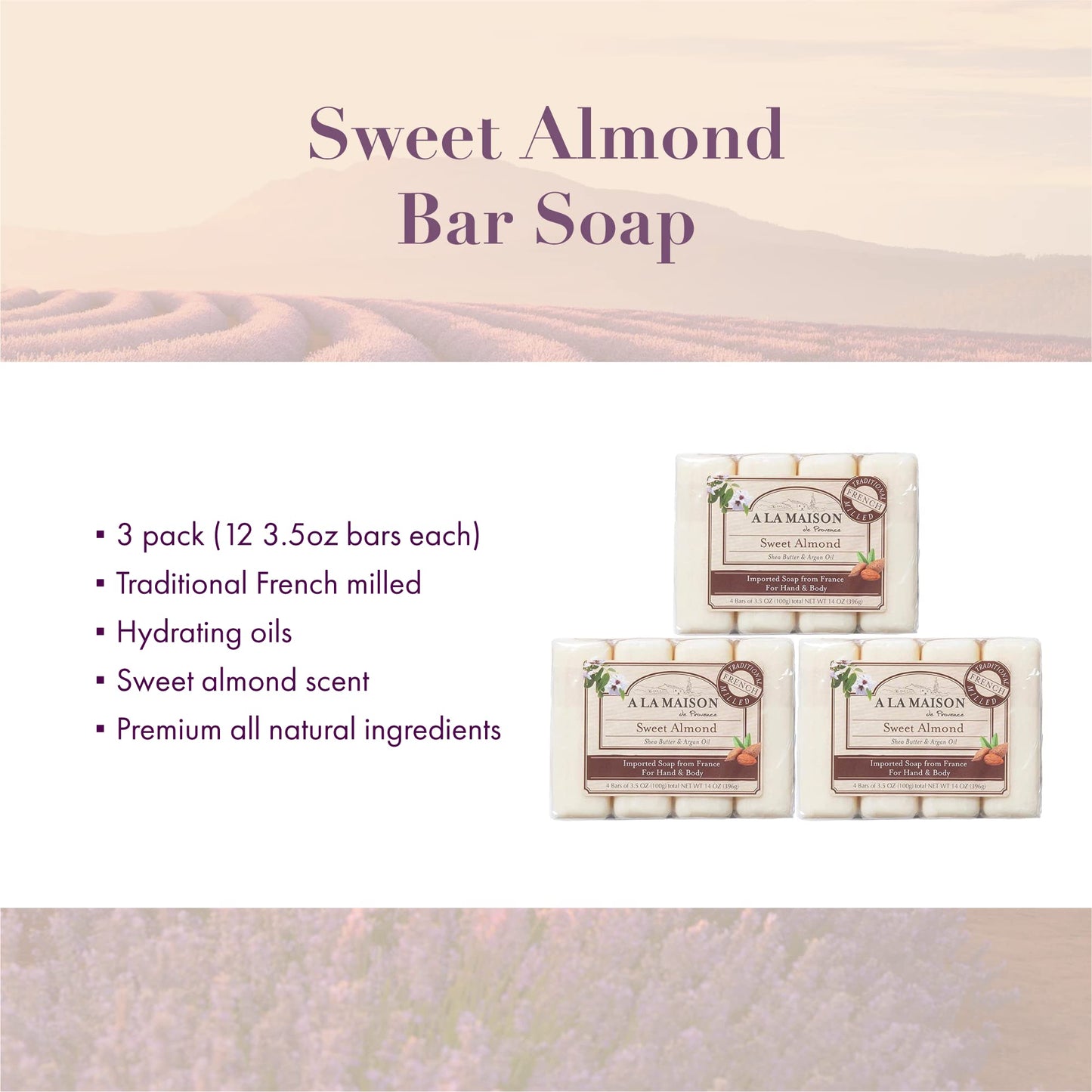 A LA MAISON Sweet Almond Bar Soap - Triple French Milled Natural Moisturizing Hand Soap Bar (12 Bars of Soap, 3.5 oz) Beauty & Personal Care A LA MAISON