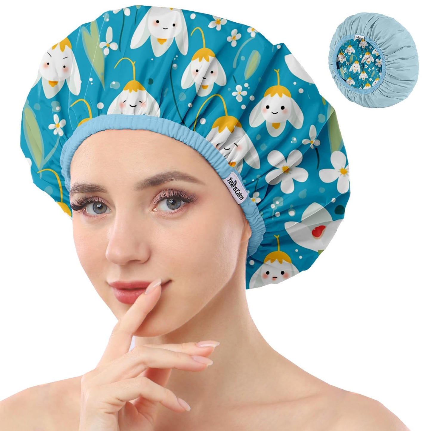 Years calm Shower Caps for Women Reusable Waterproof, Double Layer Waterproof Fabric - Both Sides Usable, Reversible Pattern & Solid Color Design Beauty and Personal Care Years calm