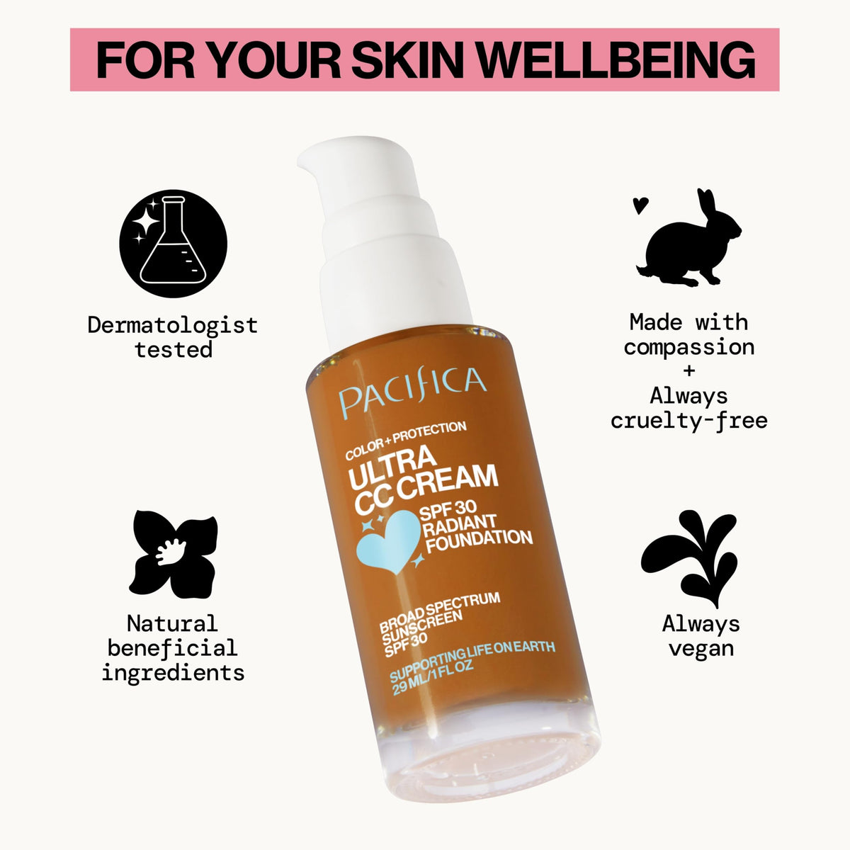 Pacifica Ultra CC Cream Radiant Foundation SPF 17 - Warm-Tan - Medium Coverage Color Correcting Foundation, Dewy Finish, Mineral SPF, 1 oz