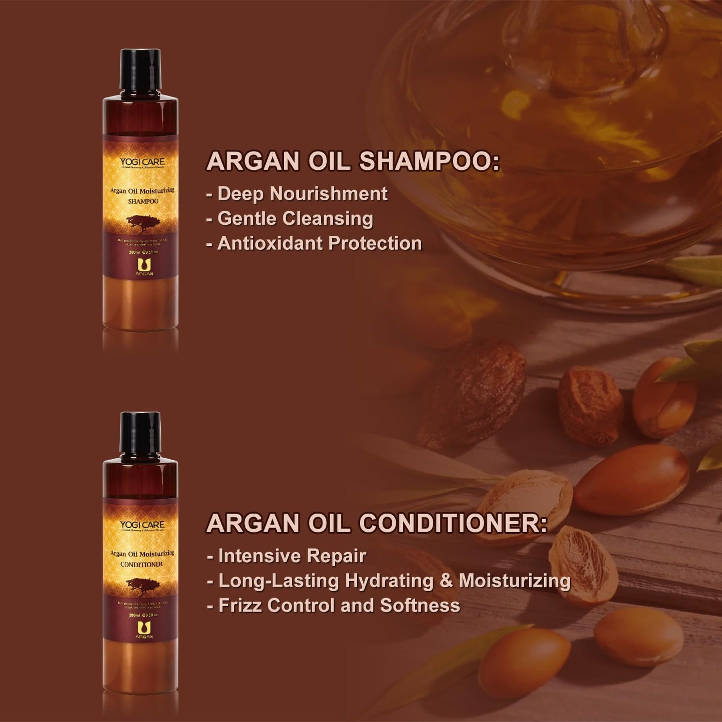 YOGI CARE Argan Oil Shampoo and Conditioner Set - Moisturizing Sulfate Free Moroccan Care- For Curly, Straight, Dry and Damaged Hair Beauty & Personal Care YOGI CARE