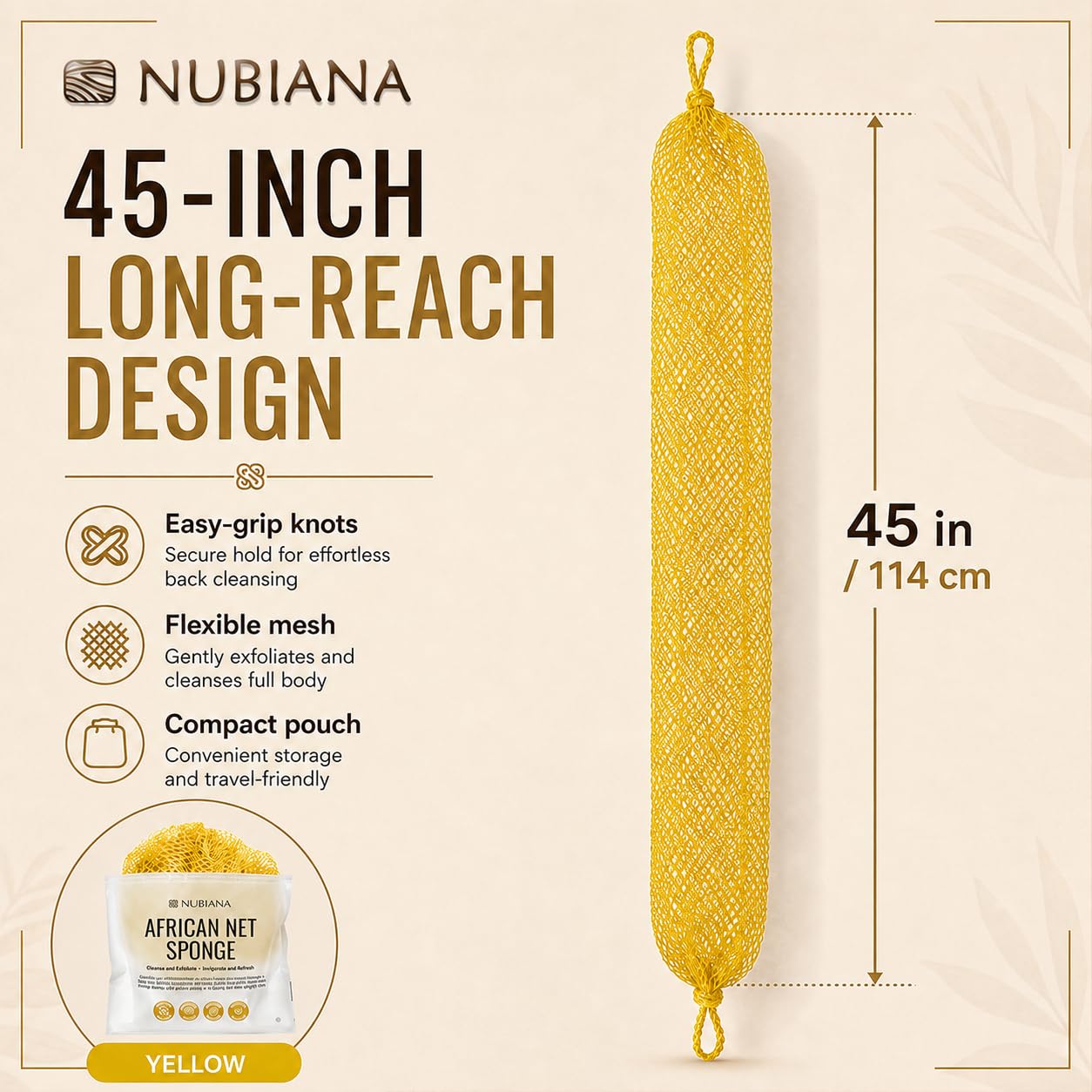 Nubiana African Net Sponge Authentic with Knots, 45 Inch Handwoven Nigerian Exfoliating Body Sponge with Handles, Quick-Drying Nylon Mesh Body Beauty and Personal Care Nubiana