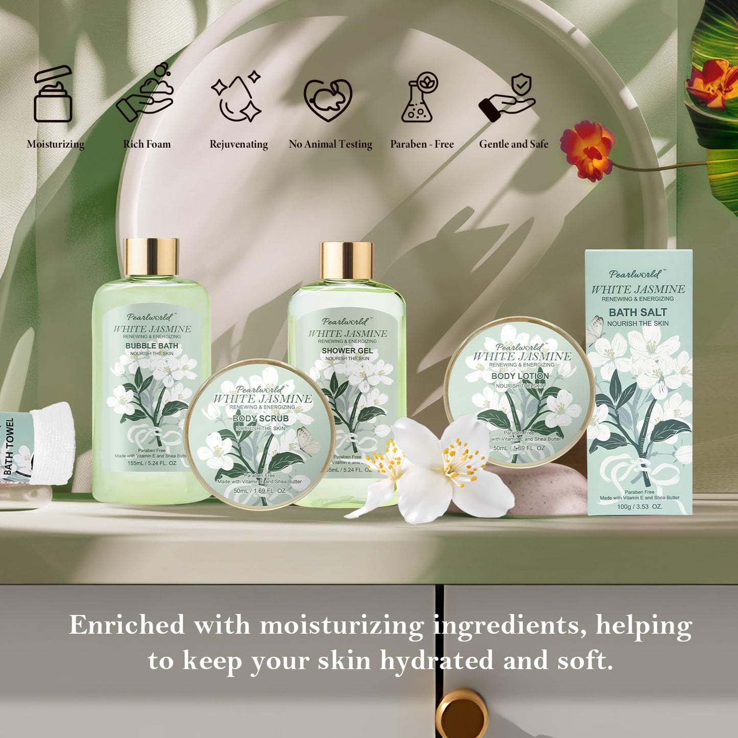 Bath Gift Baskets for Women, 9pc Jasmine Spa Gifts Set for Women, Self Care & Body Relaxing, Birthday Gift Basket, Mother's Day Gifts, Christmas Beauty and Personal Care PEARLWORLD